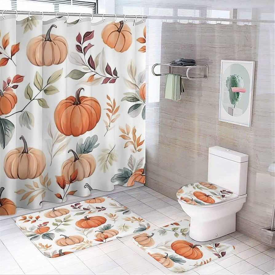Autumn-Themed Shower Curtain and Bath Mat Set